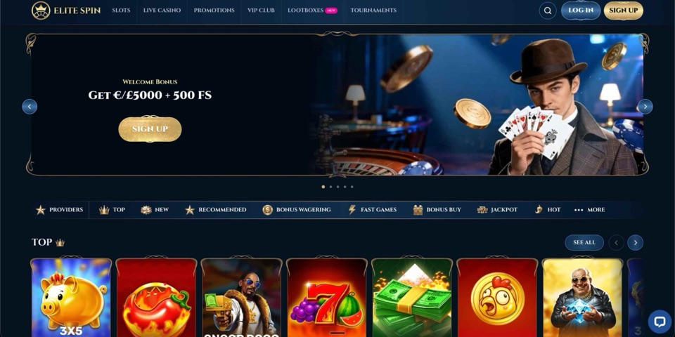 EliteSpin Casino lobby with welcome-bonus hero banner and navigation