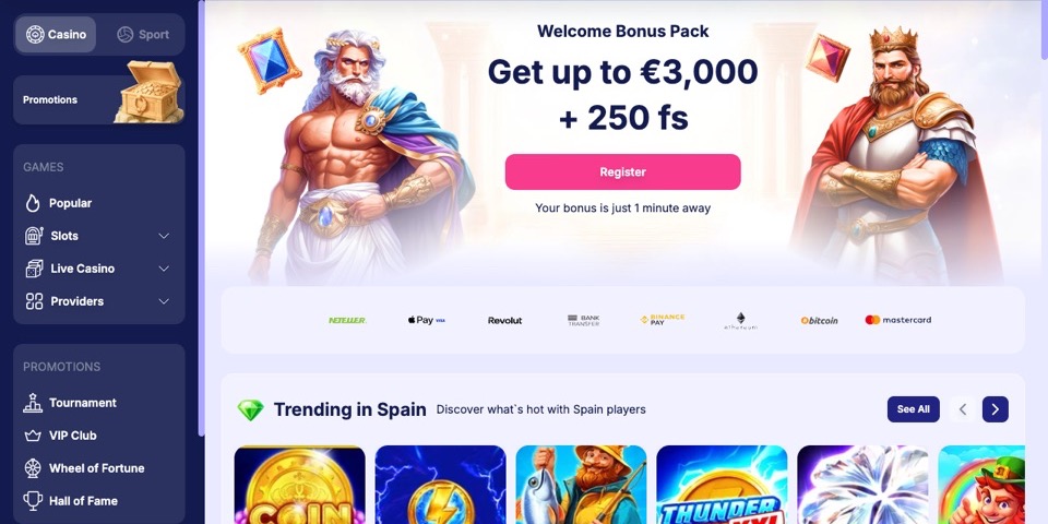 Fortunica Casino homepage with Welcome Bonus Pack banner