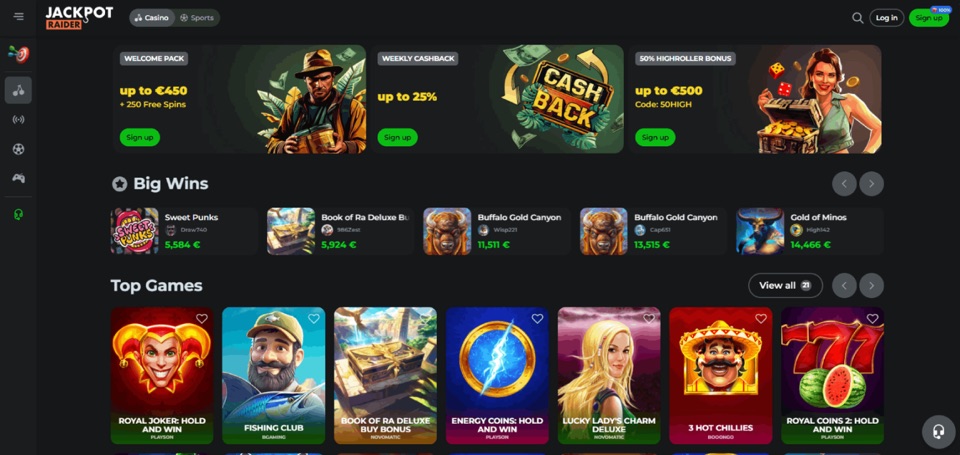 JackpotRaider casino lobby with welcome pack, cashback and highroller banners