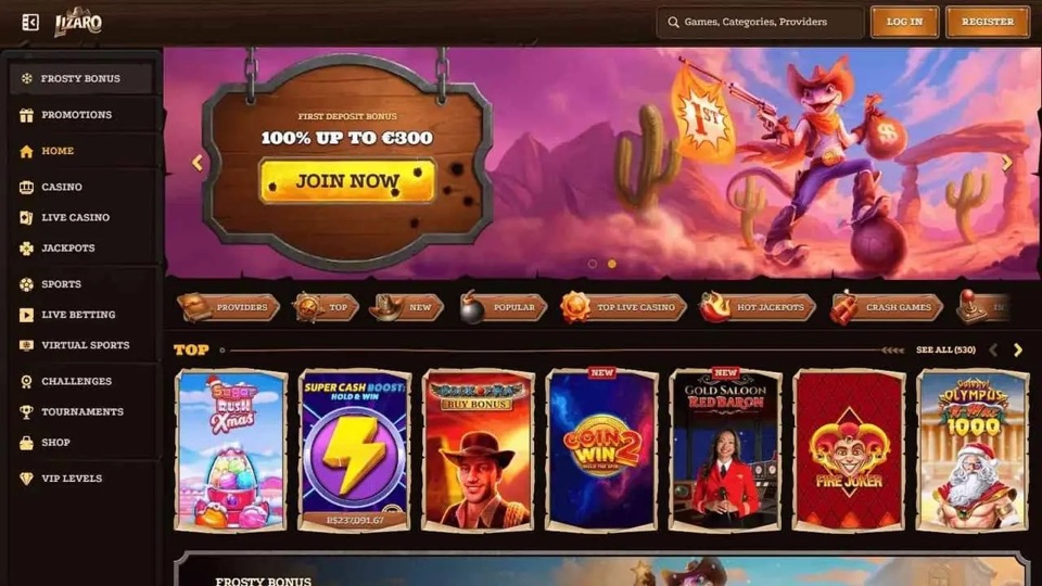 Lizaro homepage: Wild West lobby with 100% up to €300 first-deposit banner and Top games row