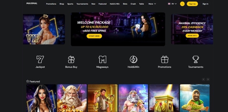 Maximal Bet homepage: welcome package and cashback carousel with game categories
