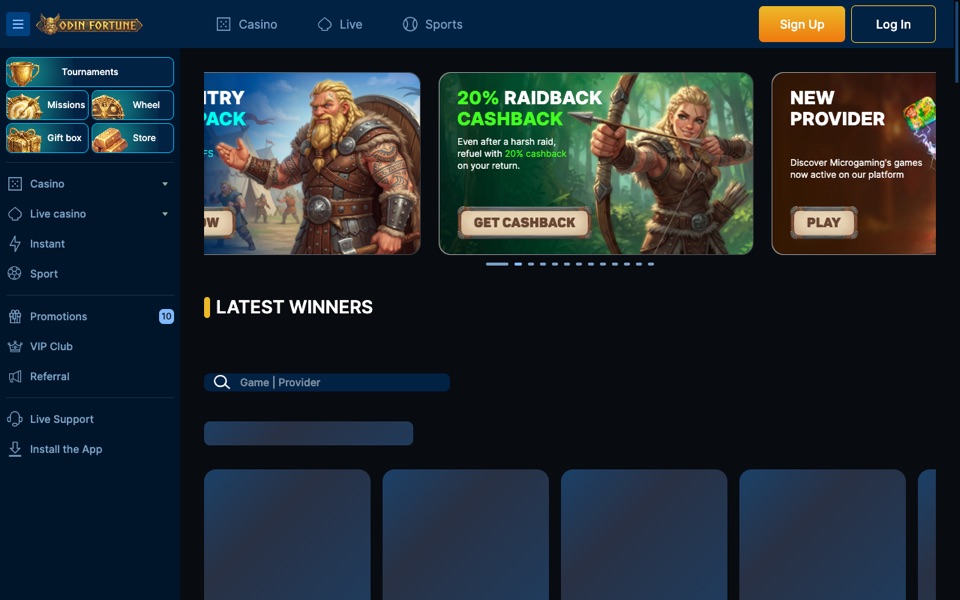 Odin Fortune homepage with Viking-themed promo carousel (Clan Entry bonus, Raidback cashback); game tiles below were still loading