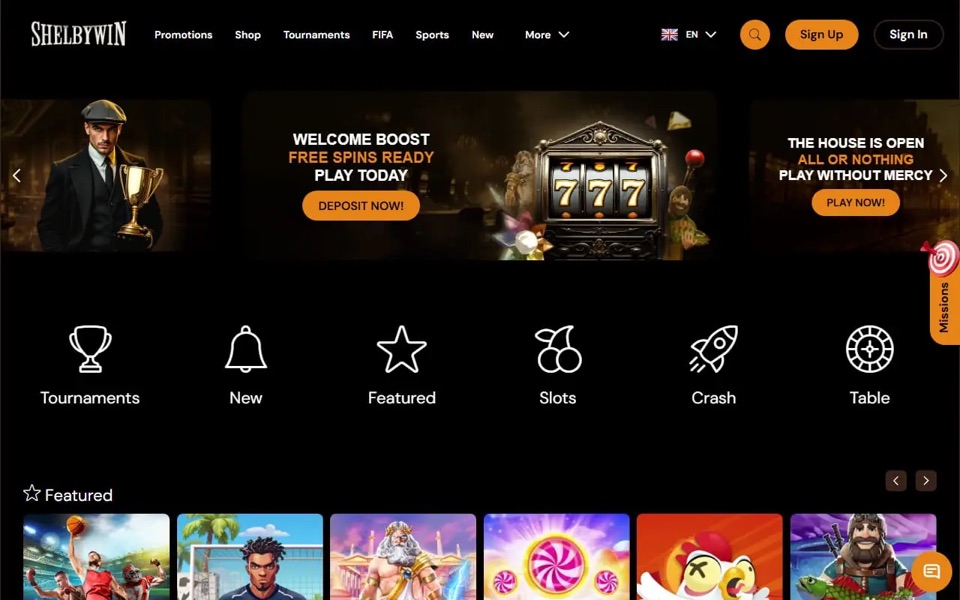 ShelbyWin homepage with 'Welcome Boost' promo carousel, game category icons and featured games