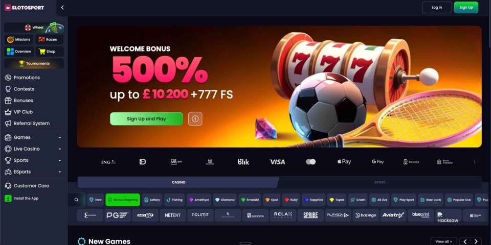 SlotoSport lobby: 500% up to £10,200 + 777 FS welcome banner, sidebar and casino/sport tabs (betterbonus.com review featured image)