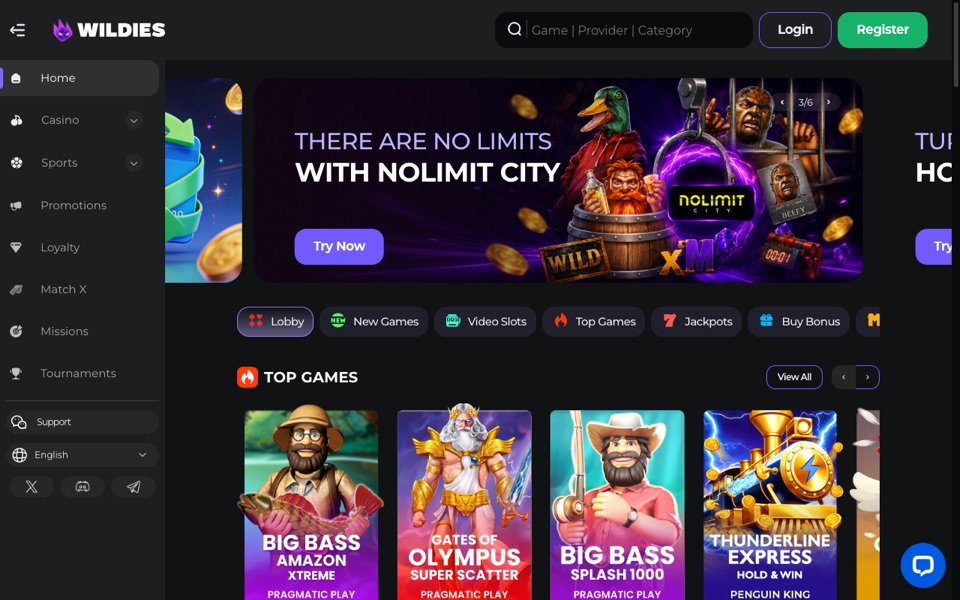 Wildies casino homepage with promo carousel, lobby categories and top games (wildies.com redirects to mirror wildies195.com)