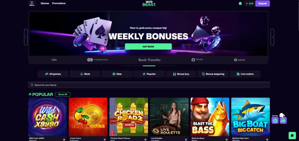 WinBeast casino lobby with Weekly Bonuses banner and popular games
